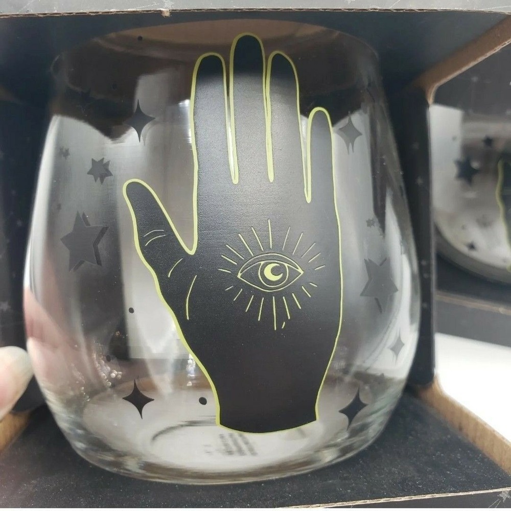 Cobwebs & Cauldrons THIRD EYE PSYCHIC HAND Design Stemless Wine Glasses NEW PAIR